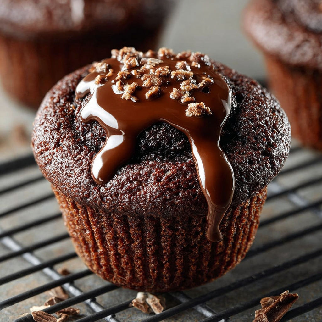 Un muffin de chocolat avec une sauce chocolat sur le dessus.