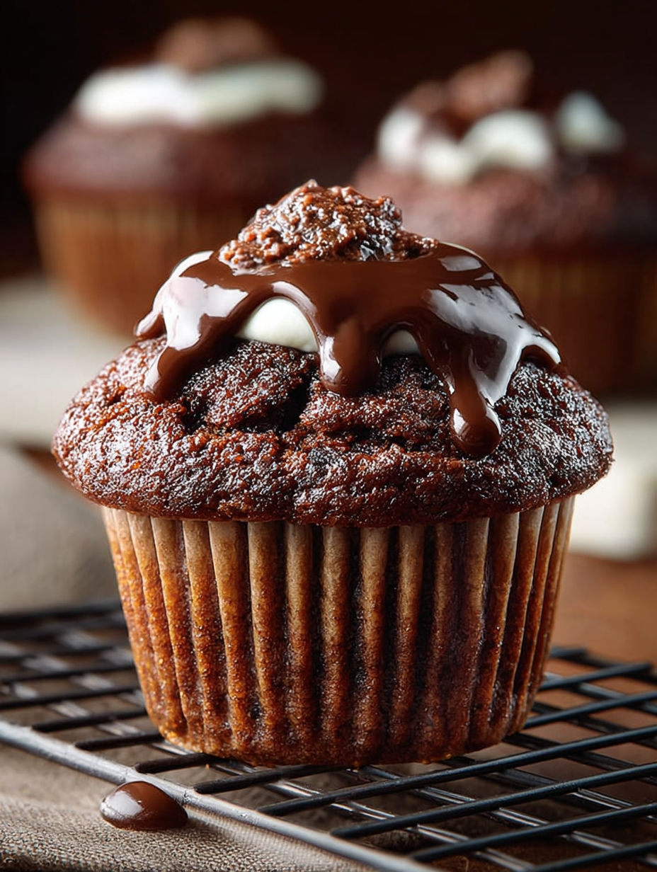 Un délicieux cupcake chocolat avec une sauce chocolat sur le dessus.