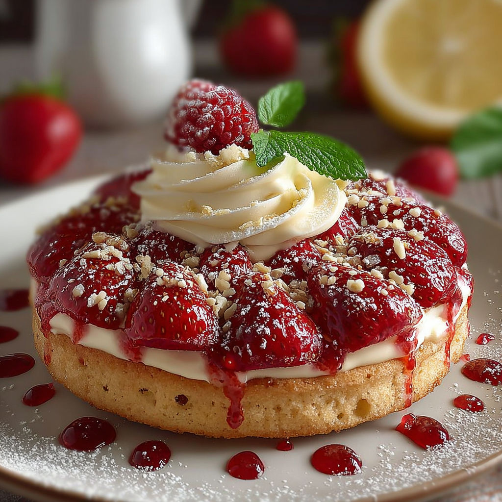 Une tarte aux fraises garnie de crème fouettée et de crumbles de beurre de cacahuète.