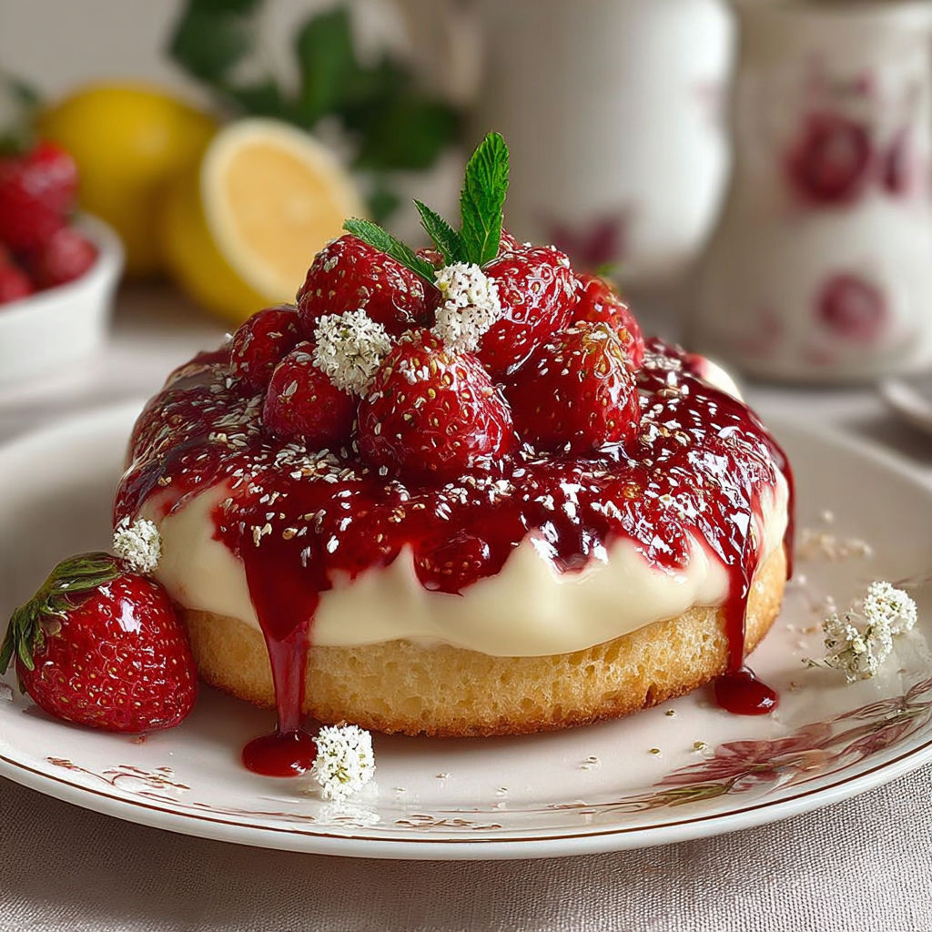 Une tarte aux fraises et aux strawberries, garnie de crème et de sucre, est servie sur un plateau.