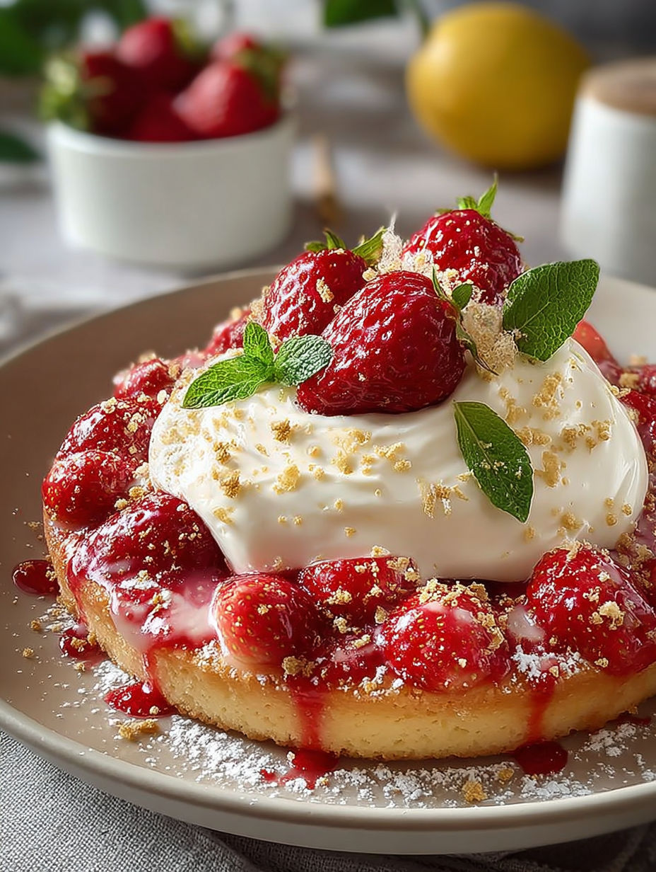 Une tarte aux fraises garnie de crumbles de chocolat et de menthe.