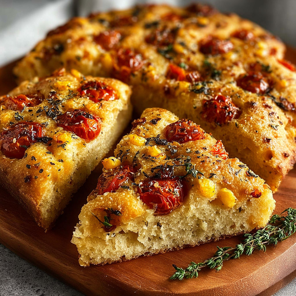 Une focaccia maison avec des tomates et des épinards.