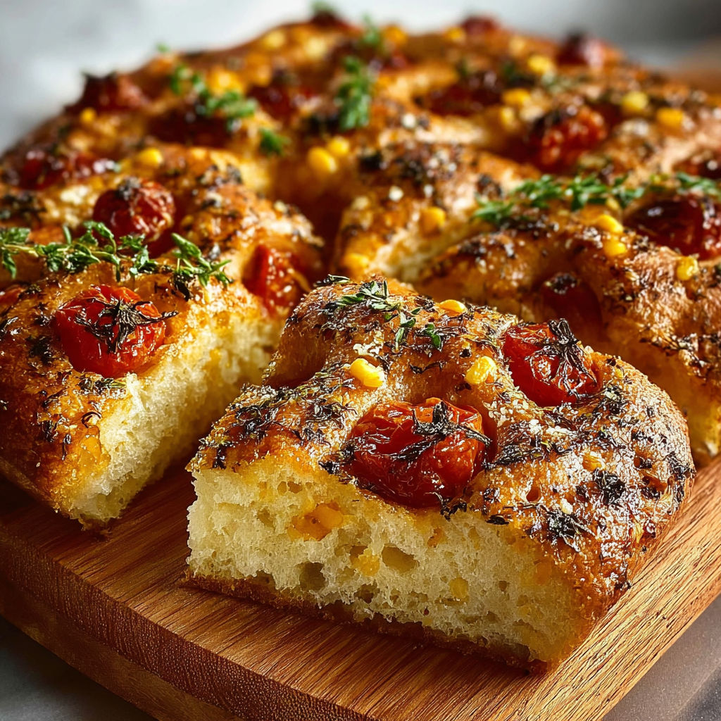 Une tarte aux fruits rouges et aux épices, avec des tomates, des courgettes et des herbes, est servie sur un plateau en bois.