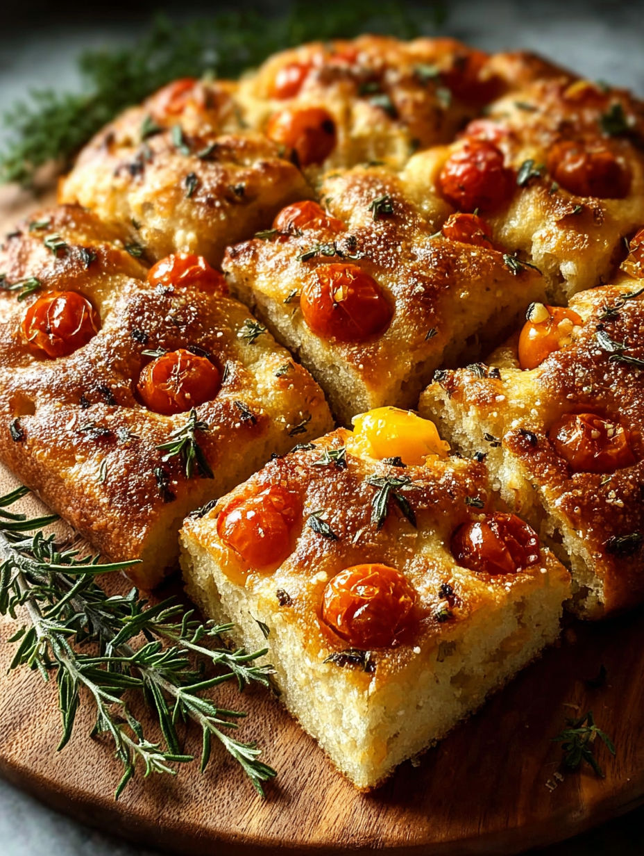 Une tarte aux tomates et herbes, servie sur un plateau de bois.