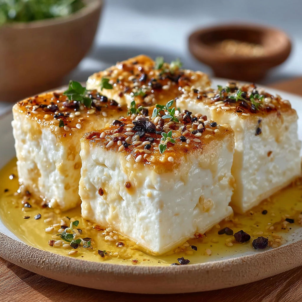 Une recette de Feta croccante au semi, avec des herbes et des graines de sesame, est servie sur un plateau.