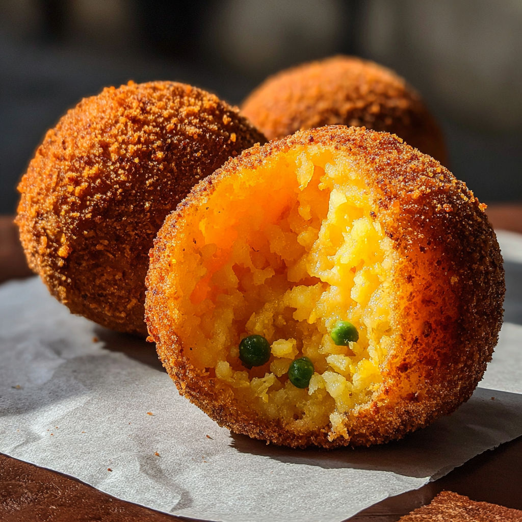 Une boule de pâte à crêpes est ouverte, révélant son contenu de poudre de riz et de légumes.