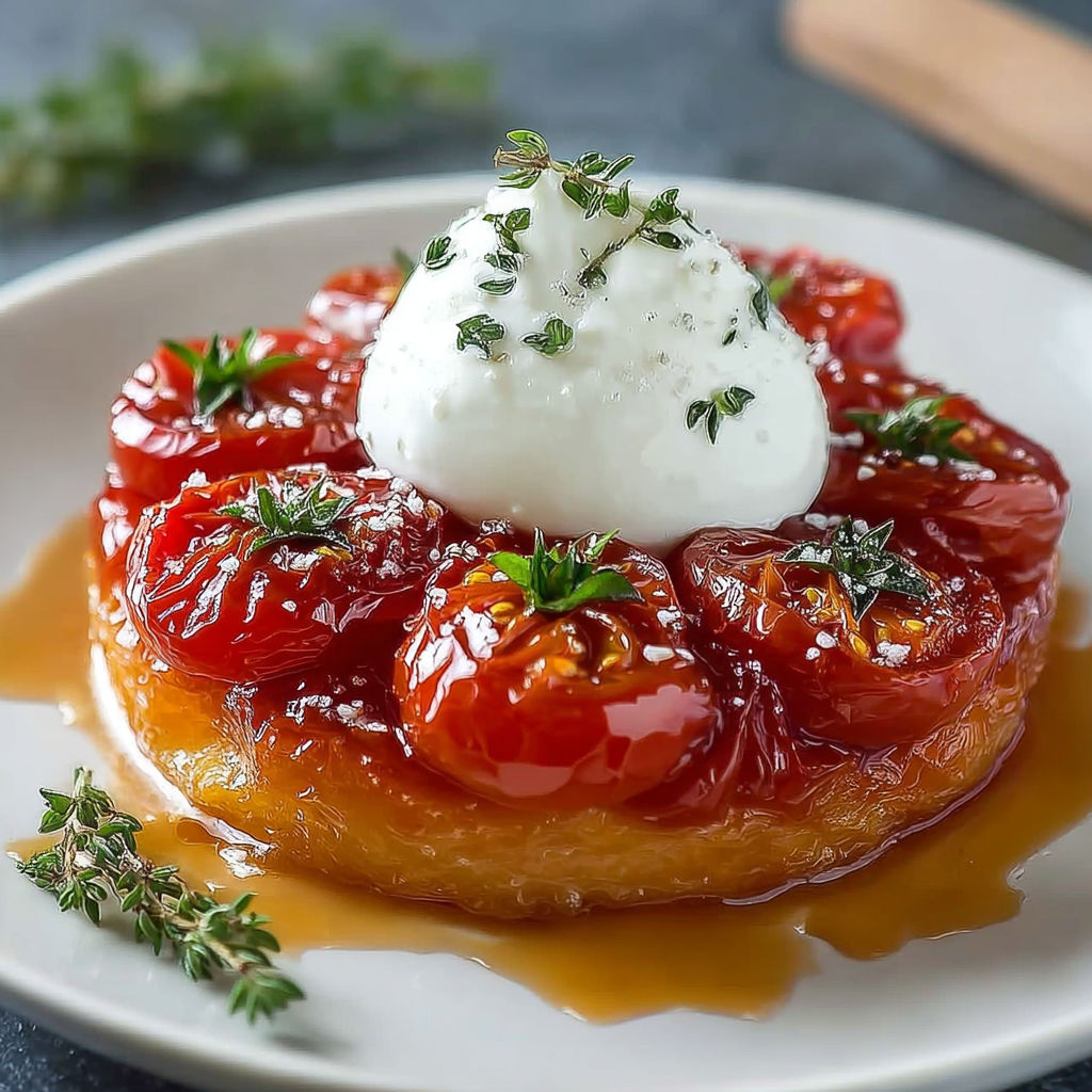 Une mini tarte aux tomates burrata est servie sur un plateau.