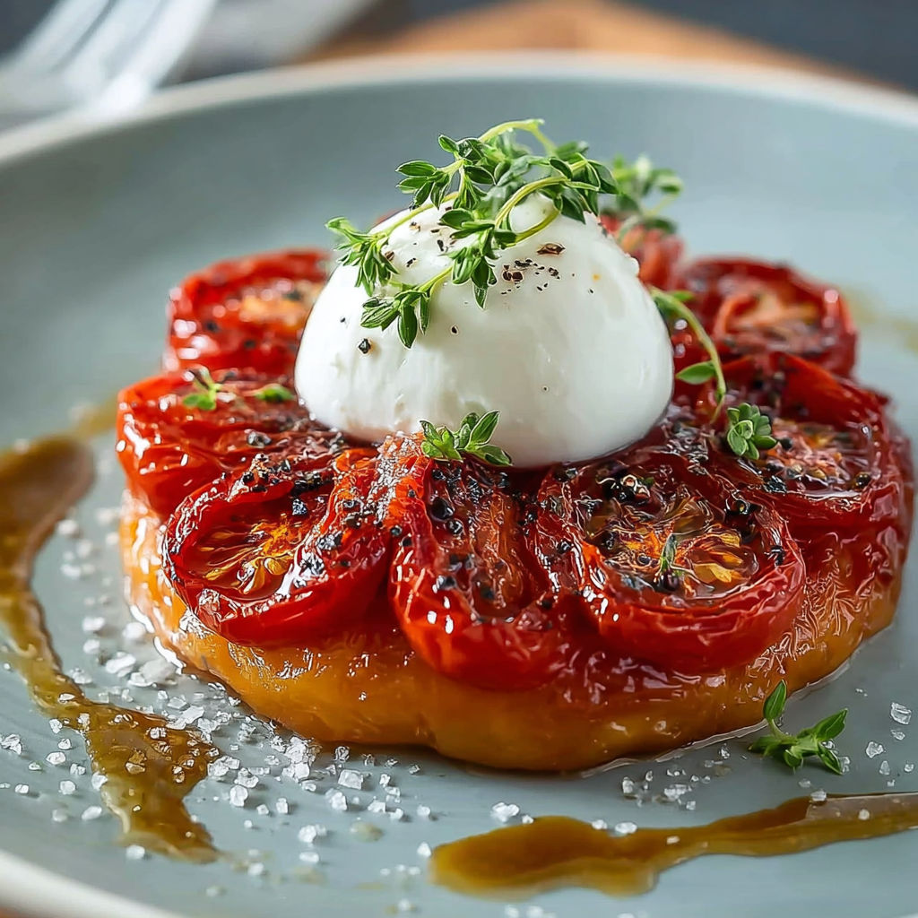 Une tarte aux tomates avec une sauce au fromage blanc et herbes fraîches.