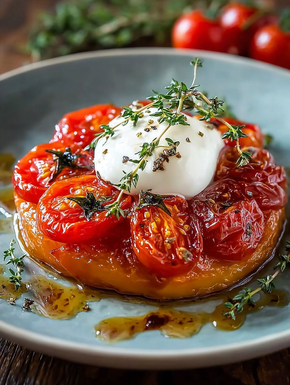 Une tarte aux tomates avec une sauce au basilic et une crème fraiche.