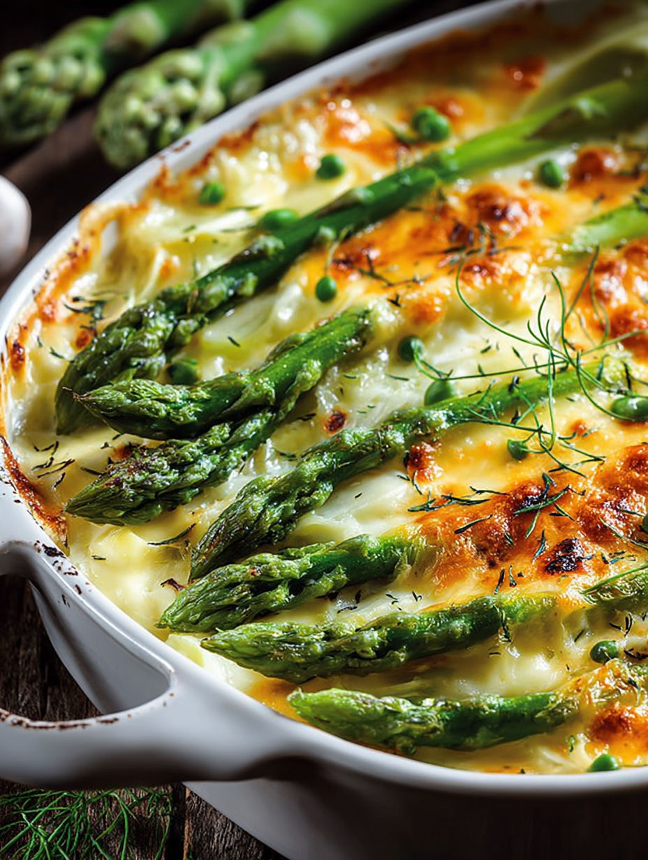 Une tarte aux asperges et aux pommes de terre, avec des herbes fraîches pour garnir.