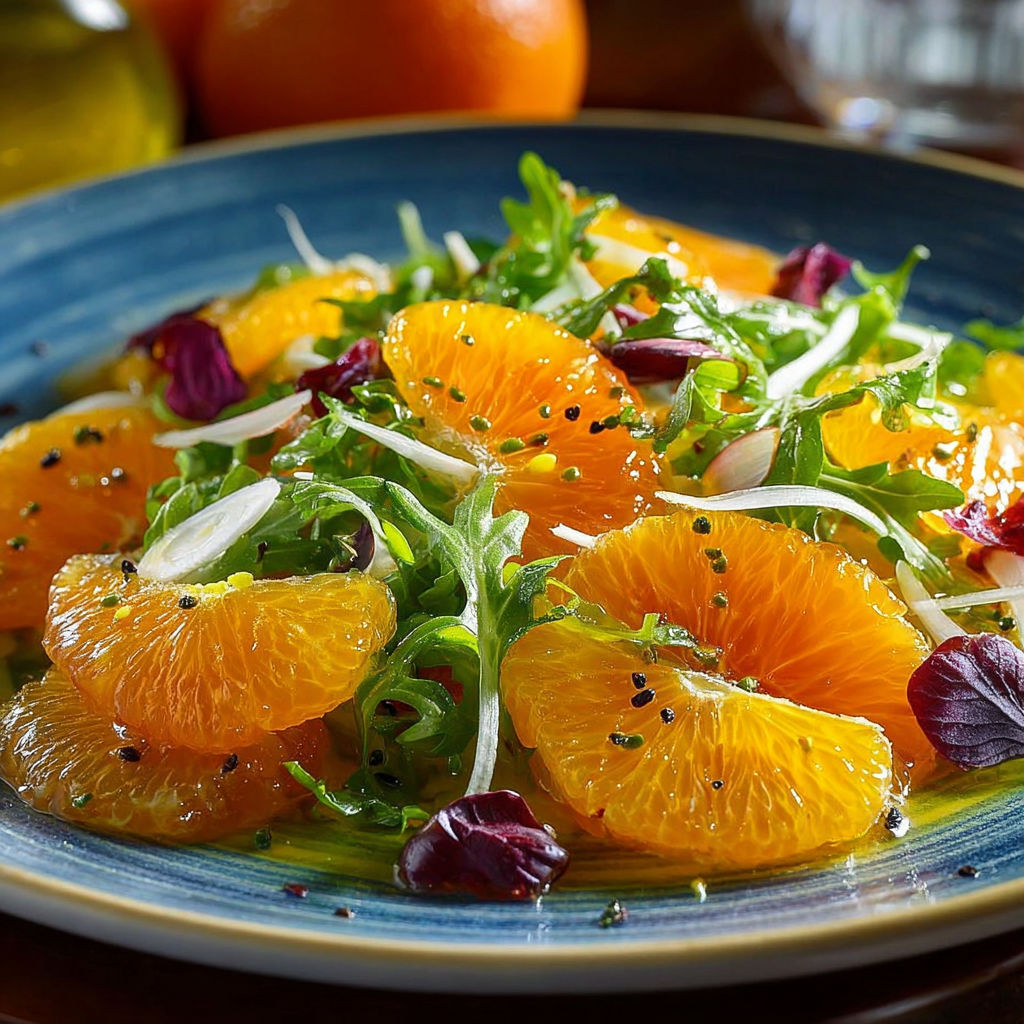 Une salade de fruits et légumes, avec des oranges, des épinards, des raisins et des pamplemousses, est servie sur un plateau en céramique.