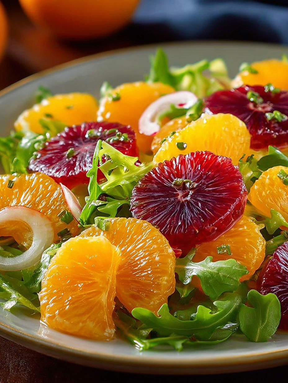 Une salade de fruits et légumes, avec des oranges, des pamplemousses, des épinards et des onions, est servie sur un plateau.