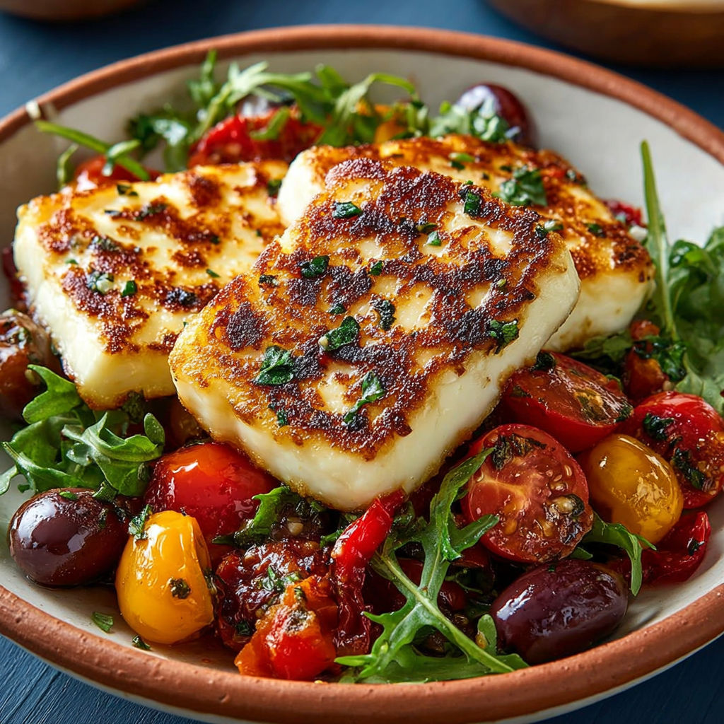 Une salade de tomates, oignons, herbes et fromage de chèvre.