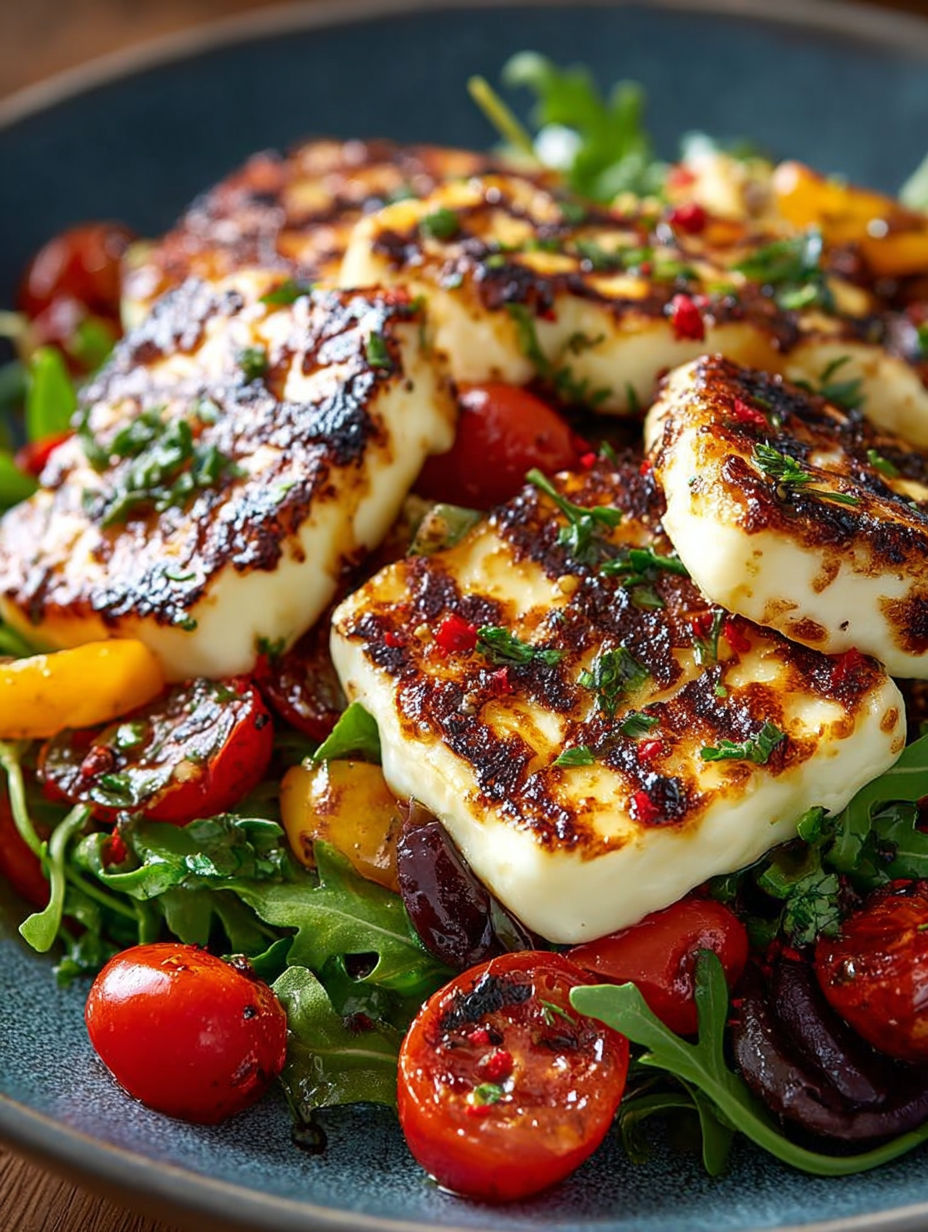 Une salade de tomates, de laitue et de fromage de chèvre, accompagnée de fruits de mer.