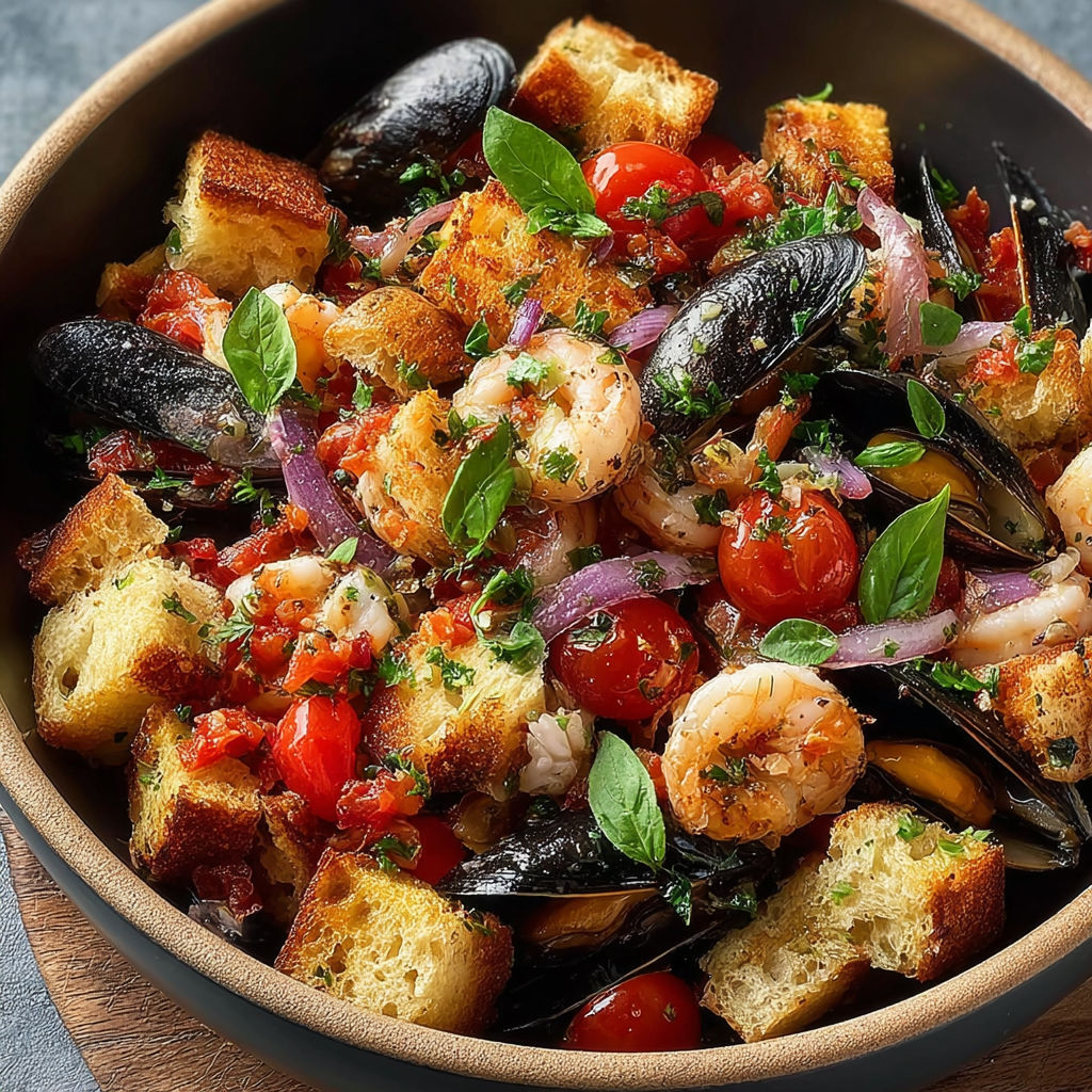 Une recette de Panzanella Mare Saporita Cozze est servie dans un bol.