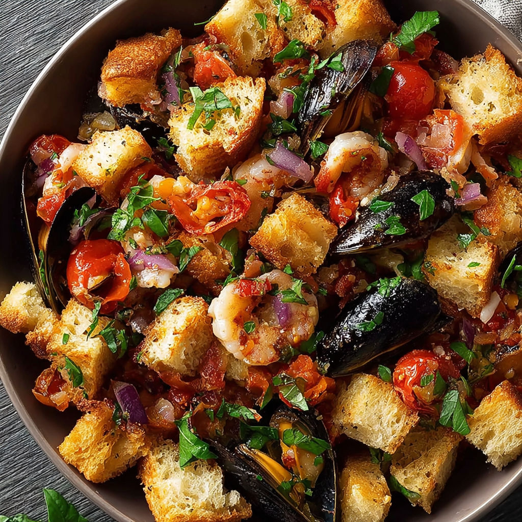 Une recette de salade de moules et de pain grillé.