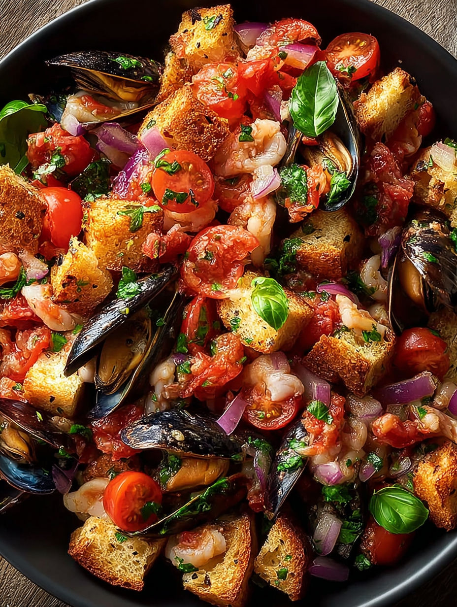 Une recette de salade de moules et de tomates, avec des tranches de pain grillé et des herbes fraîches.