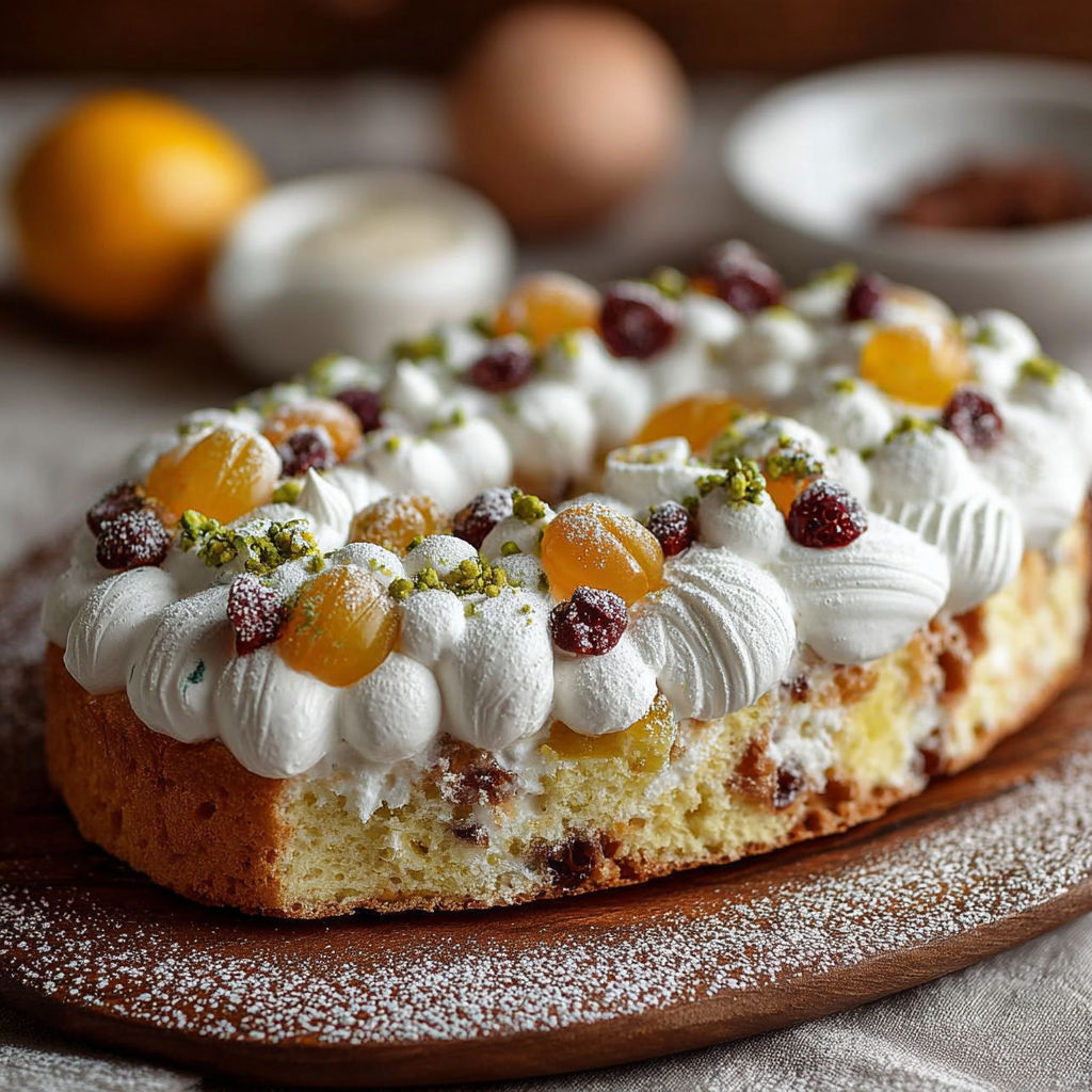 Une délicieuse ciambella colorée et décorée de fruits et de crème.