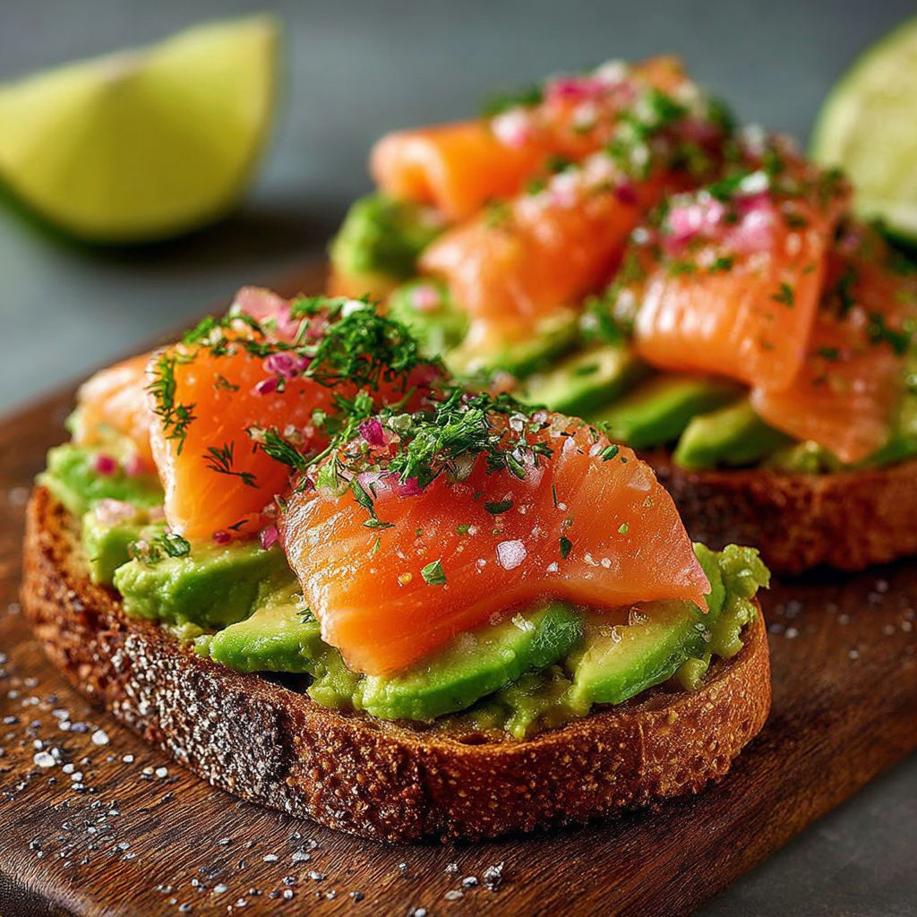 Un sandwich de salmón con aguacate y cilantro, servido en un plato de madera.