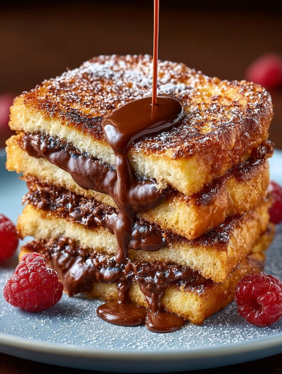 Une pile de crêpes sucrées et chocolat, saupoudrées de crème chocolat fondu, présentées sur un plateau.
