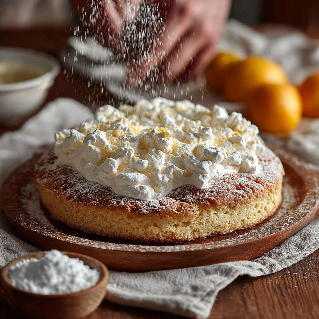 Une tarte aux pommes est sur le plateau, avec des poudres de sucre et des oranges.