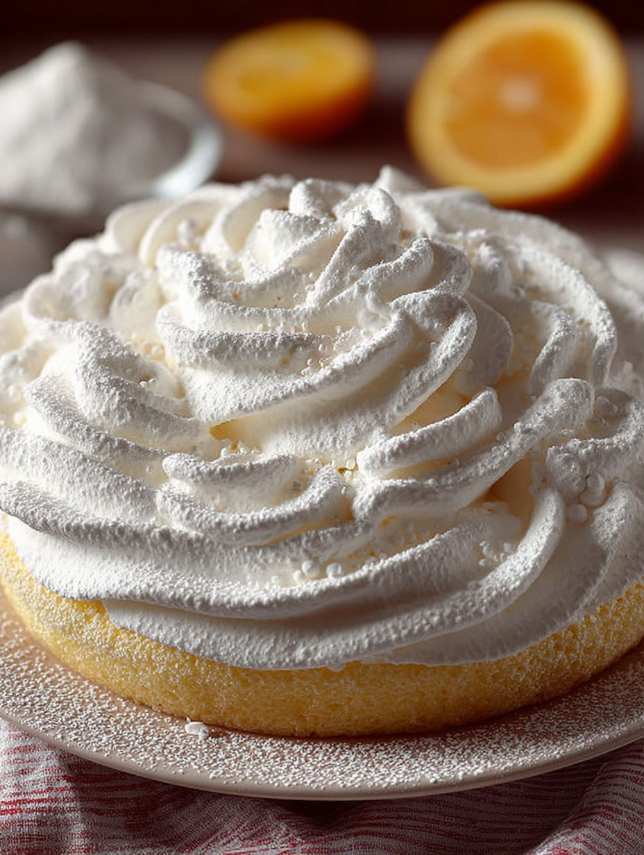 Une tarte aux fruits et crème chantilly, avec des oranges et des citrons.