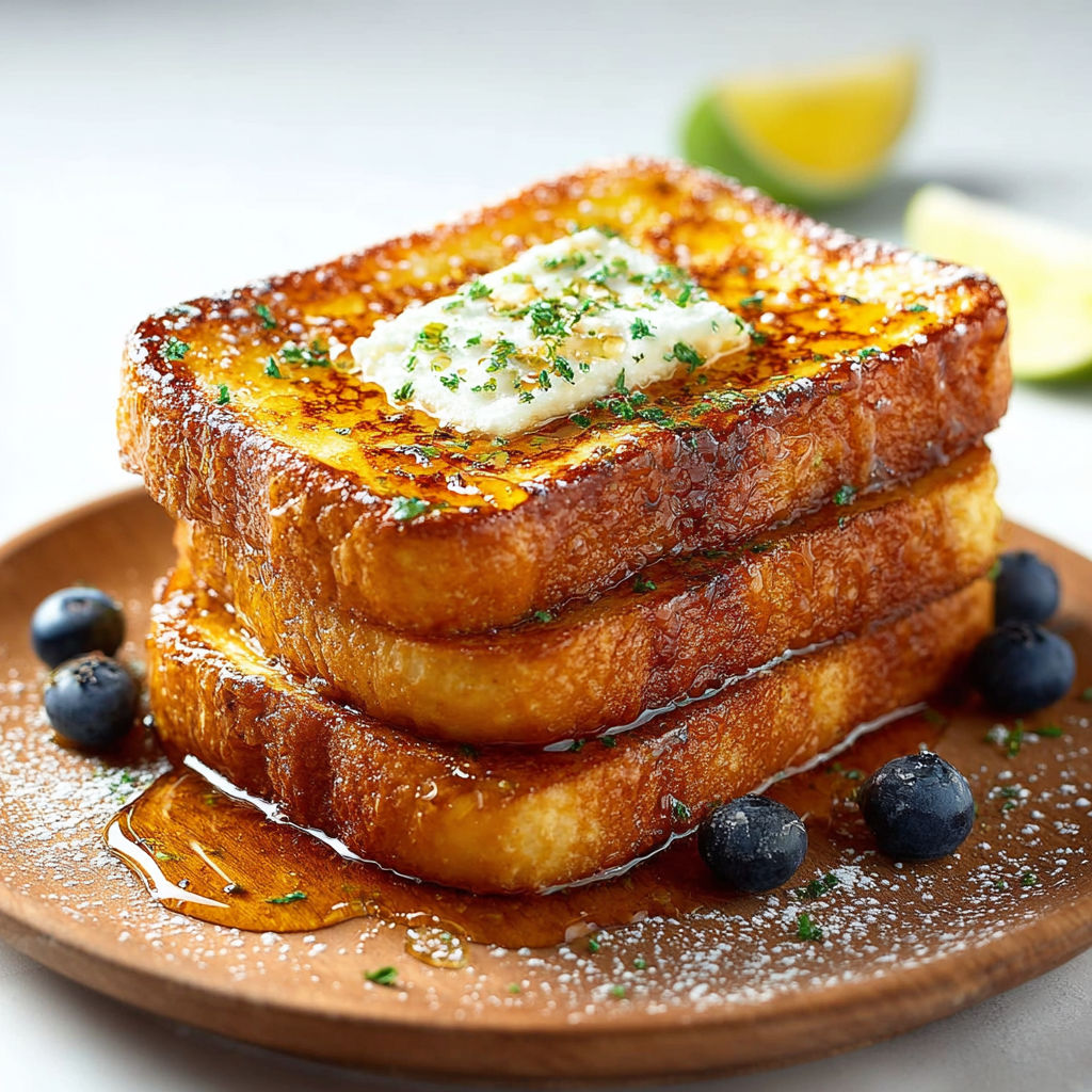 Un toast dorato miele sur un plateau, avec des fruits et des herbes sur les côtés.