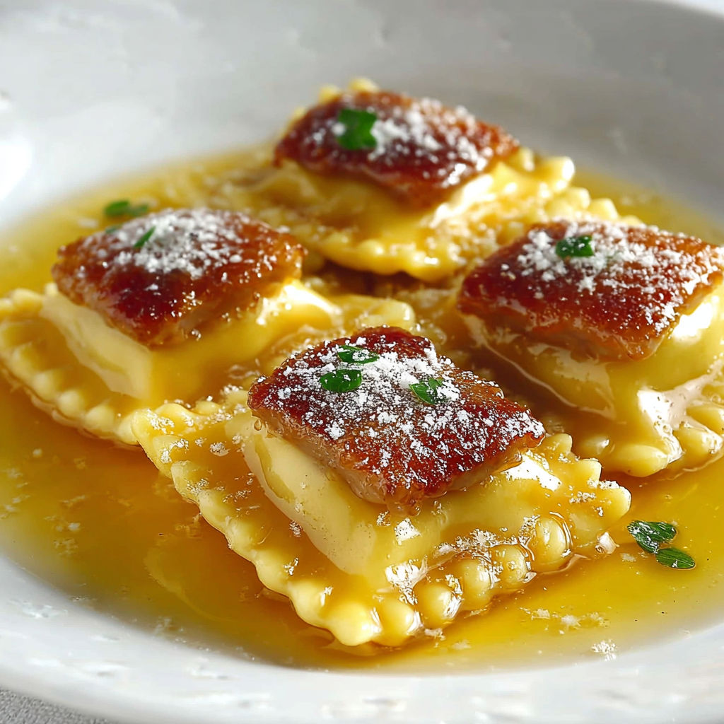 Ravioli mascarpone caramello zafferano sur un plateau.