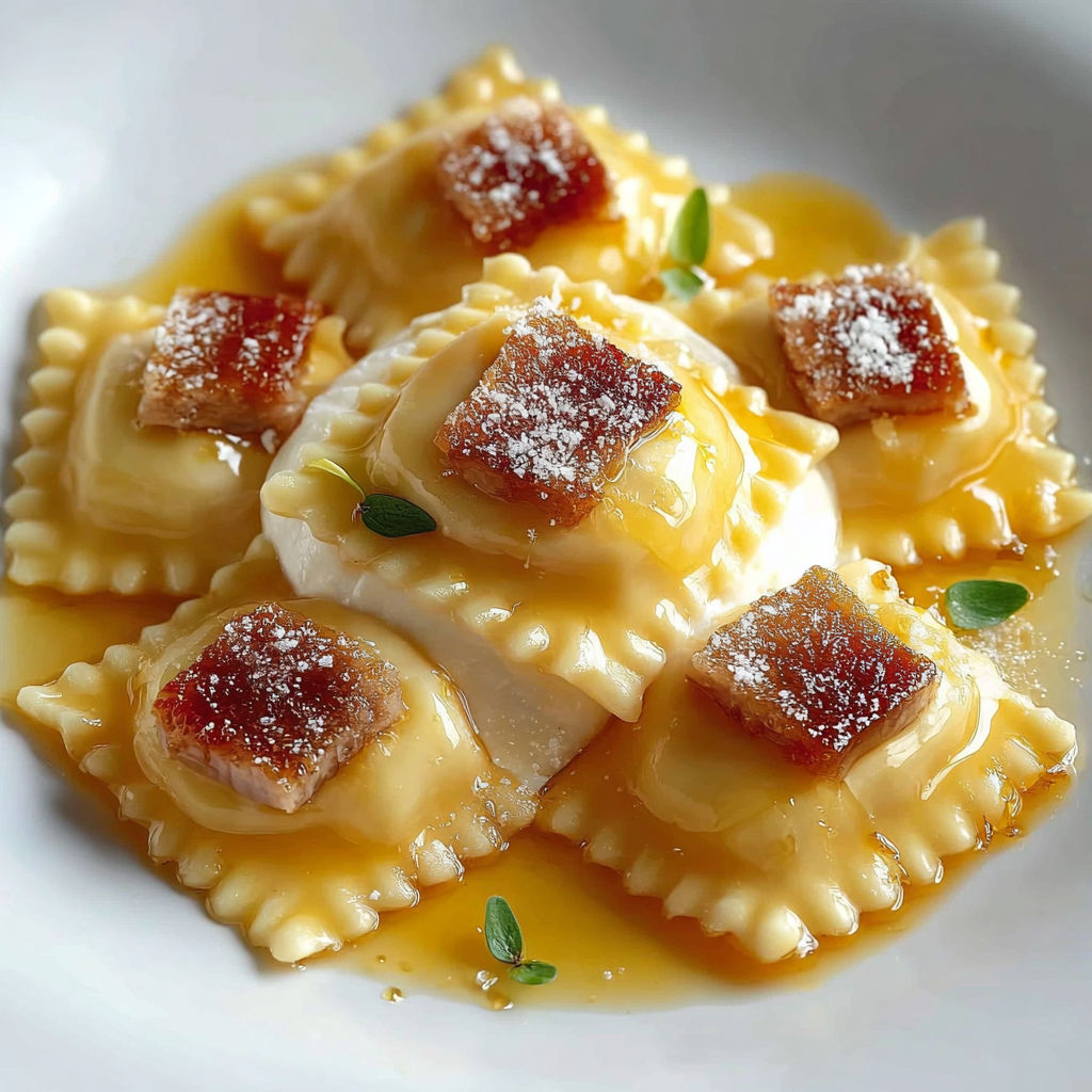 Ravioli mascarpone caramello zafferano, une recette de cuisine italienne, est servie sur un plateau en porcelaine.