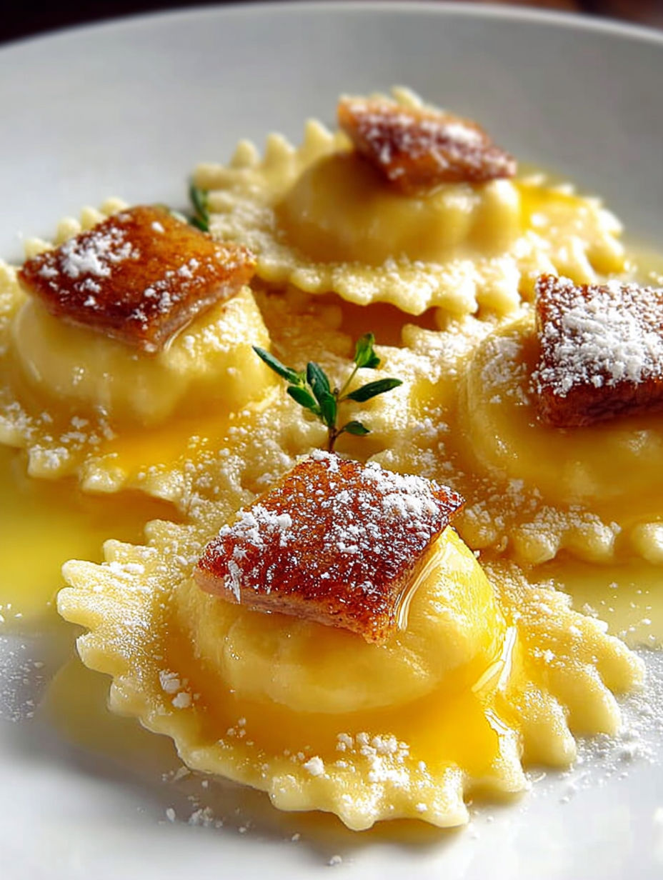 Ravioli mascarpone caramello zafferano, une recette de pâtes qui ressemble à des quiches, est servie sur une assiette en argent.