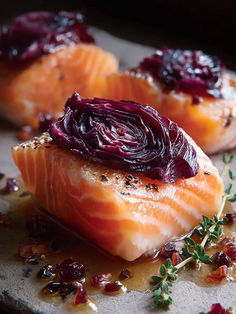 Salmon en robe de roses avec des herbes fraîches.