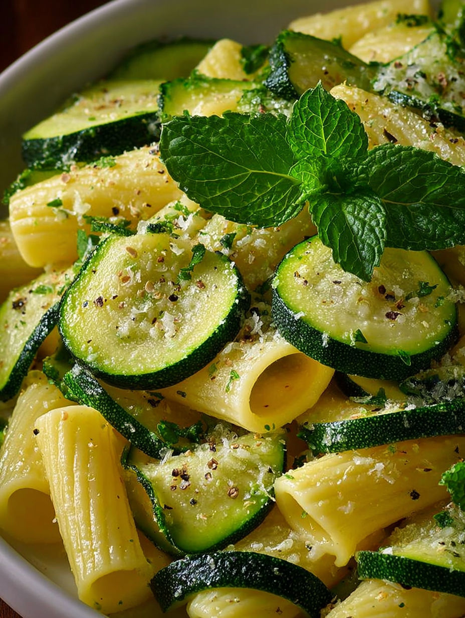 Une recette de spaghetti avec des courgettes et des herbes.