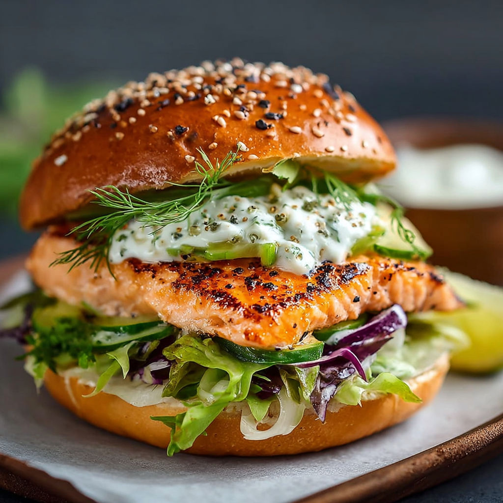 Un burger salmone lime misticanza avec des légumes frais et une sauce crémeuse.