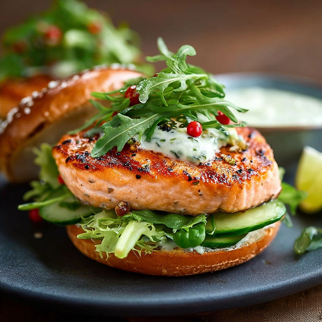 Un burger salmone avec des légumes verts et une sauce lime.