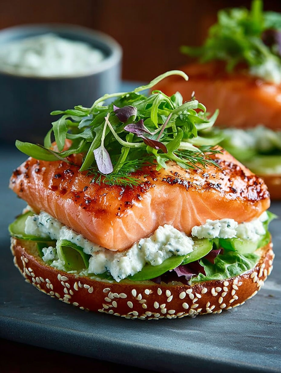 Un burger salmone lime misticanza avec du fromage bleu et des épinards.
