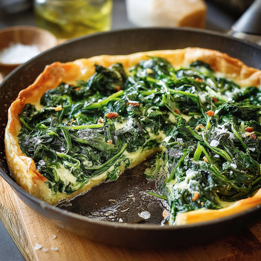 Une tarte aux légumes verts est servie sur un plateau.