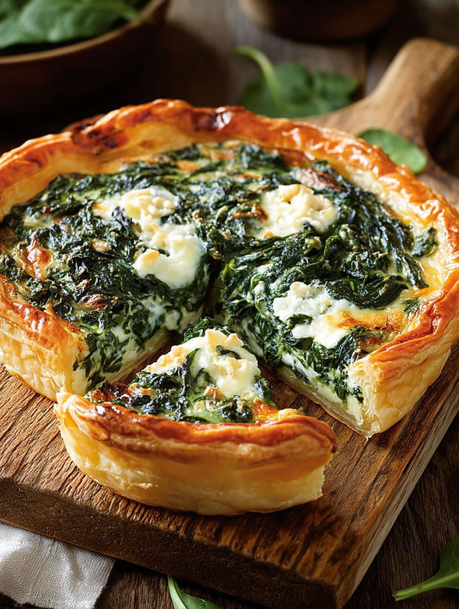 Une tarte aux légumes verts, avec des herbes fraîches et du fromage, est servie sur un plateau de bois.