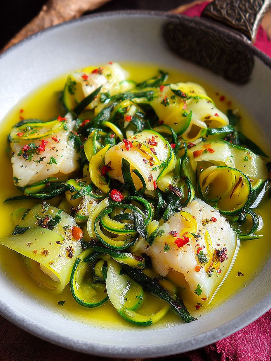 Une salade de crevettes et de zucchini dans une sauce au citron.