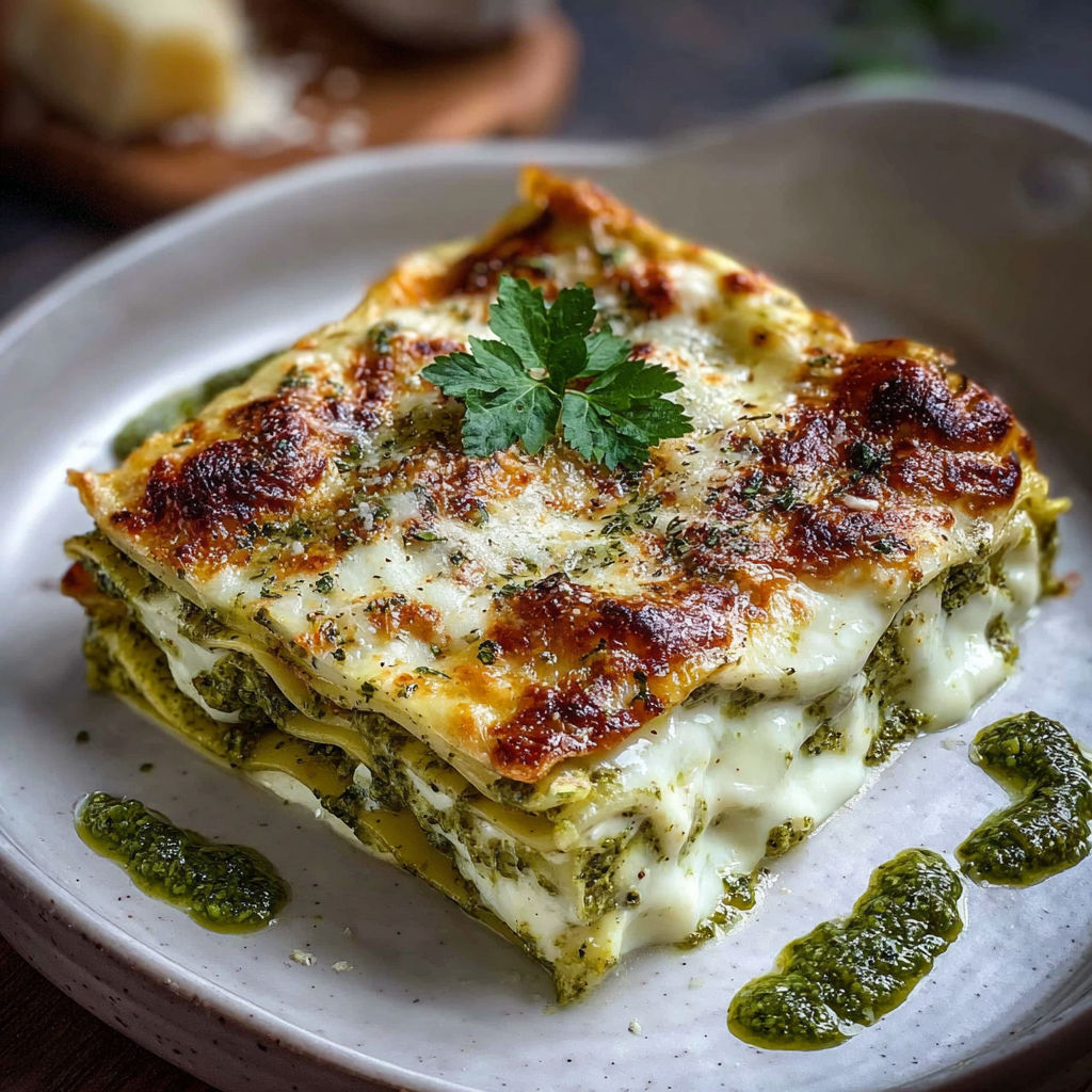 Une delicieuse lasagne pesto verdure cremose, servie sur un plateau en verre.