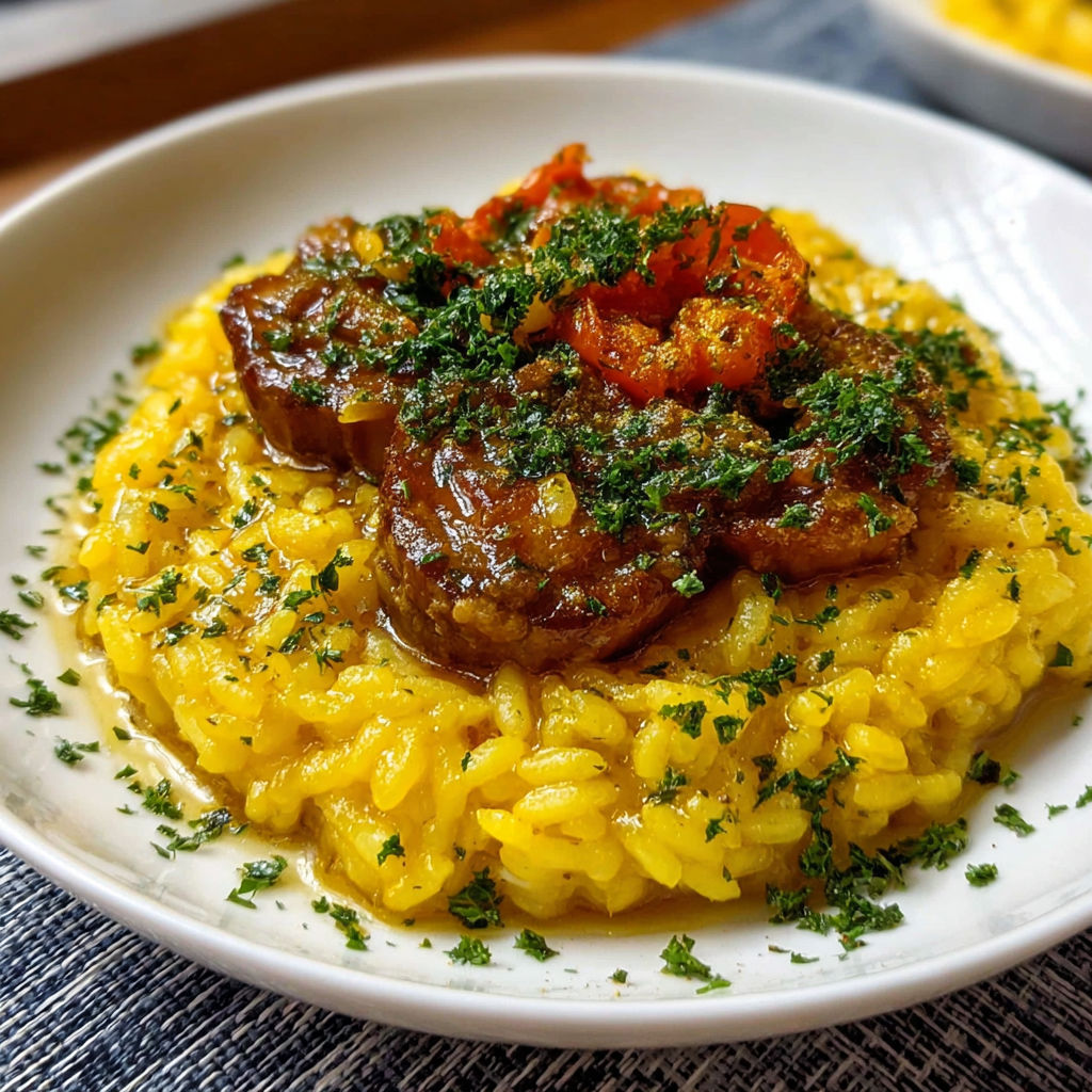 Une recette de risotto gremolada génial, avec des tomates et des herbes, est servie sur un plateau.