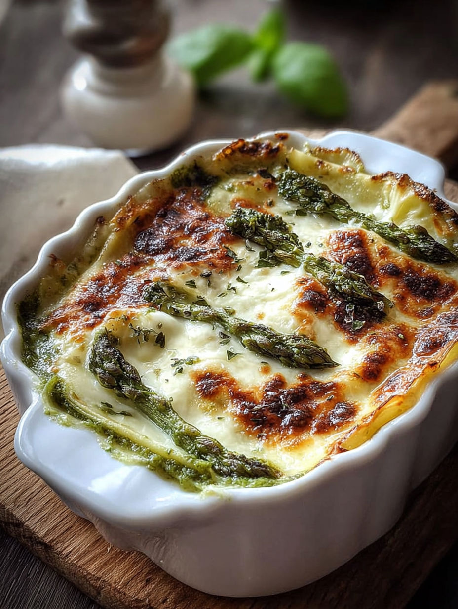 Une tarte aux asperges et au fromage, servie dans un bol en verre.