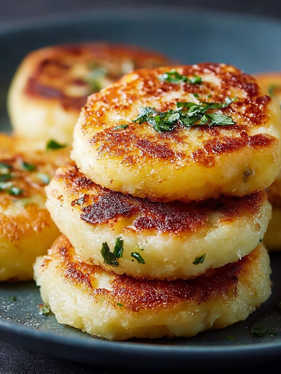 Deliziosi potato cakes farciti, une recette de pommes de terre farcies, sont servies sur un plateau.