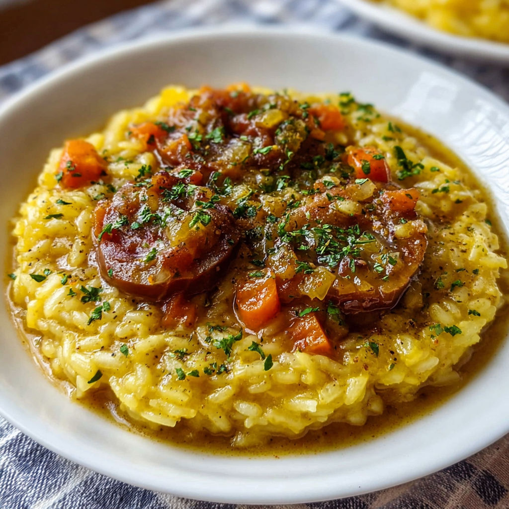 Un plat de risotto gremolada genuino avec des légumes et des herbes.