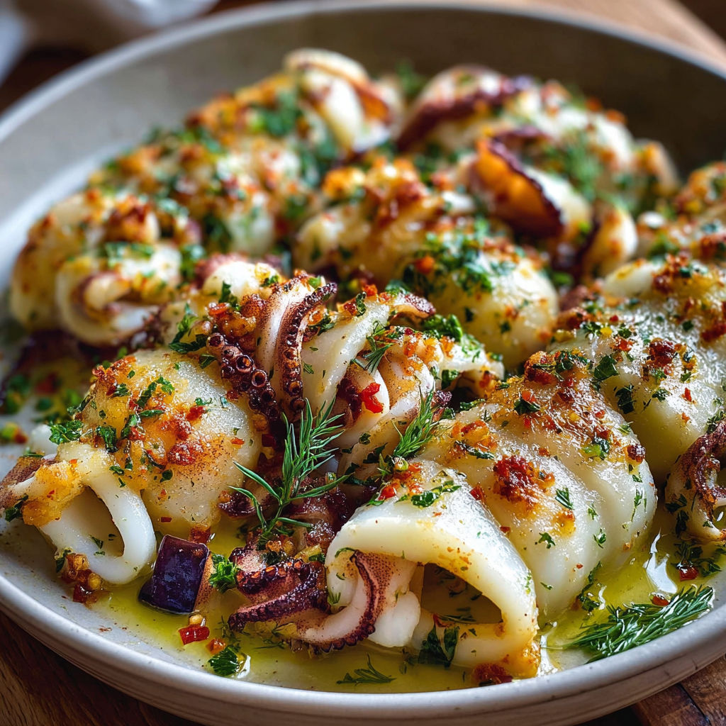 Un plat de calamari soffici melanzane ricotta, avec des herbes et des épices pour une saveur unique et délicieuse.
