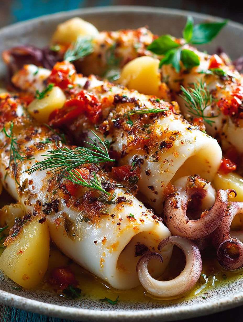 Un filet de poisson farci de légumes et de herbes, accompagné de légumes et d'herbes fraîches.