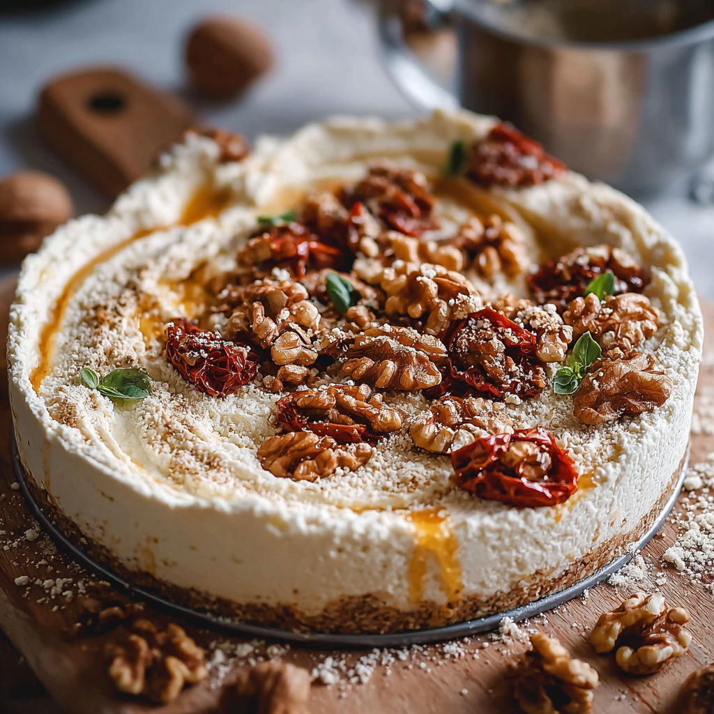 Une tarte aux noix, pomodori et taralli, servie sur un plateau en bois.