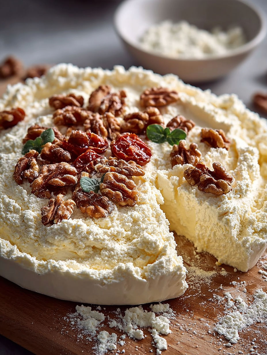 Une tarte à la ricotta avec des noix, des tomates et des herbes.