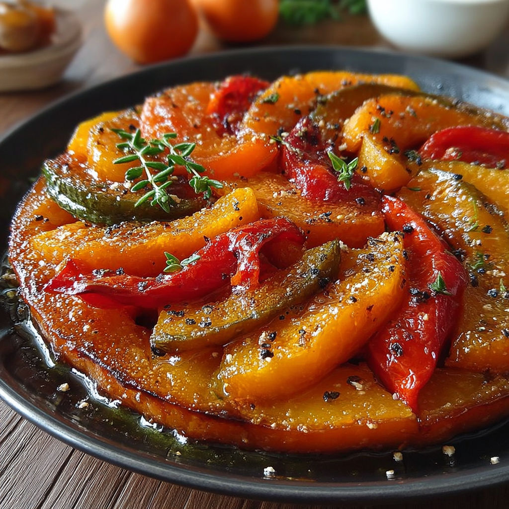 Une assiette de zucca e peperoni, avec des herbes et des épices, est servie sur une table.