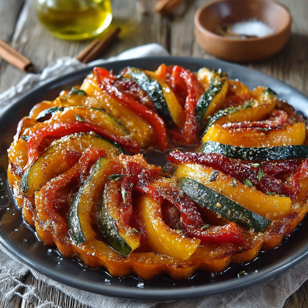 Une tarte aux courgettes et poivrons, garnie de sauce et d'herbes, est servie sur un plateau.
