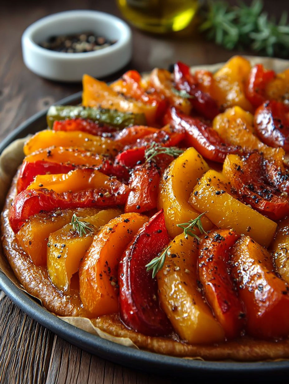 Une tarte aux fruits de saison, avec des tomates, des poivrons, des oignons et des épinards, est servie sur un plateau en bois.